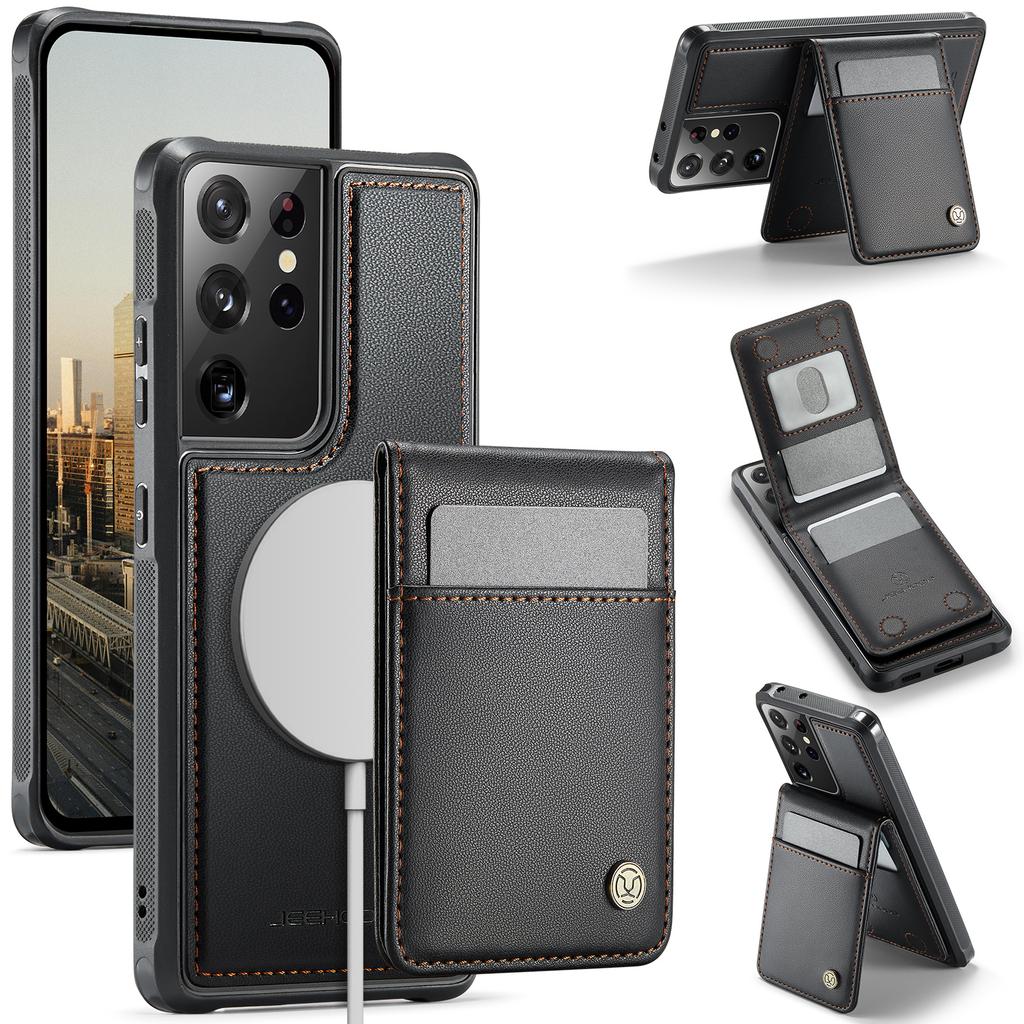 För Samsung Galaxy S21 Ultra 5G Läder Baksida Kompatibel med MagSafe JEEHOOD J06 Mobilskal med Kortfack RFID-blockering