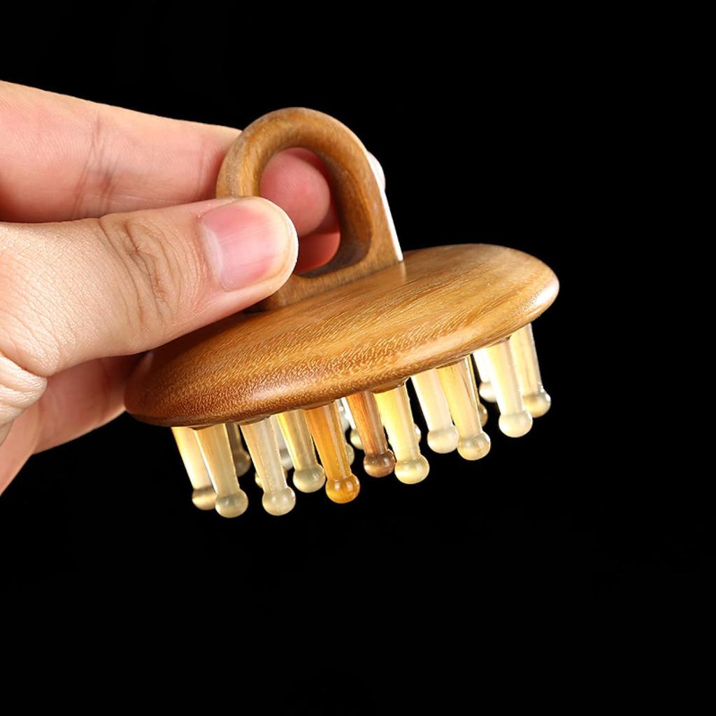 Natural Horn Massage Comb Scalp Massage Meridian Scraping Head Massager Gua Sha Sandalwood Brush,Green Sandalwood
