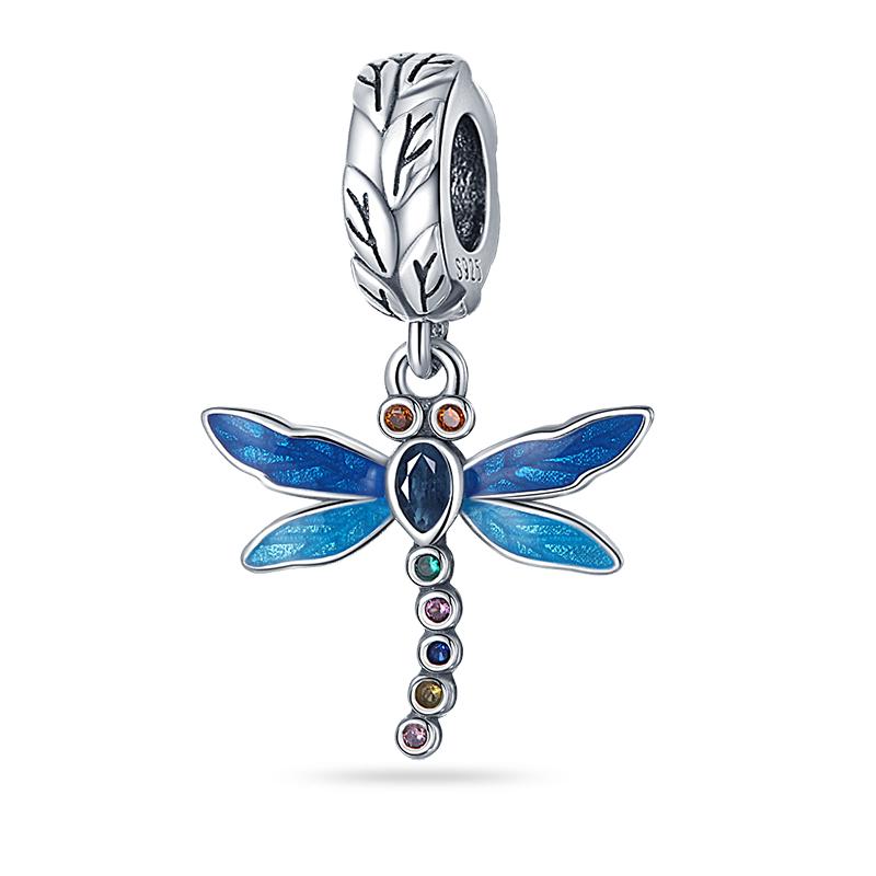 100% 925 Silver Exquisite Colored Dragonfly Charms Pendants Sparkling Zircon Fit Qikaola Original Bracelets DIY Jewelry