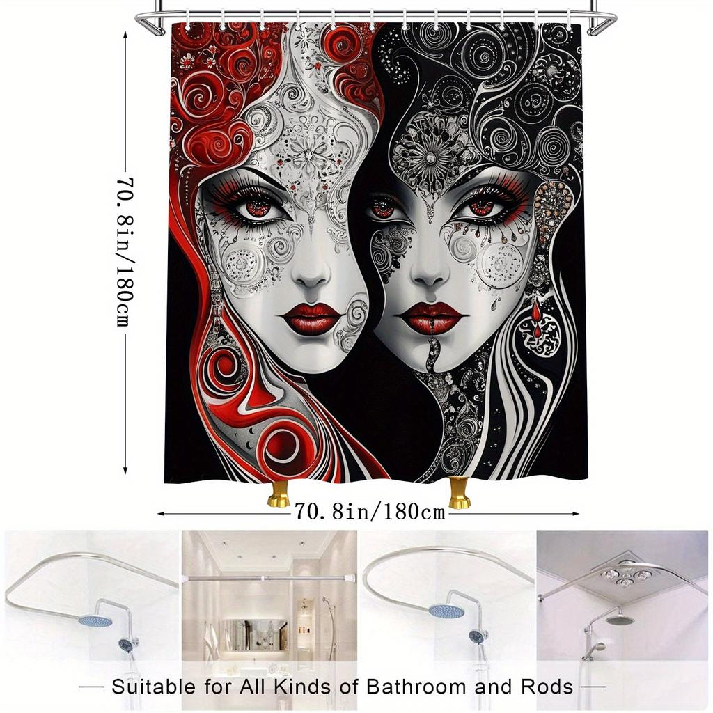 Gothic Floral Shower Curtain - Surreal Female Faces, Red, White & Black, Intricate Design, Dark Background, Polyester