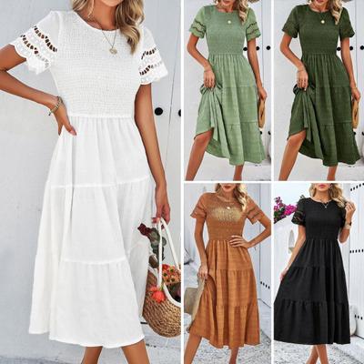 Sommerkleid für Damen, aushöhlen, kurze Ärmel, O-Ausschnitt, A-Linie, lockerer Saum, plissiert, Patchwork, elastische Büste, hohe Taille, weich, atmungsaktiv, Dating-Kleid