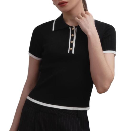 

Женские короткие топы в стиле пэчворк с короткими рукавами, лацканами и застегивающимся на пуговицы вырезом горловины, топы обычного кроя для вязания S чёрный