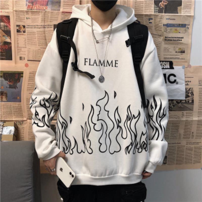 Men Student Hoodie Round Neck Long Sleeve Pullover Sweatshirt Creative Graffiti Flame Pullover Harajuku Oversized Loose Hooded Sweat Shirt
