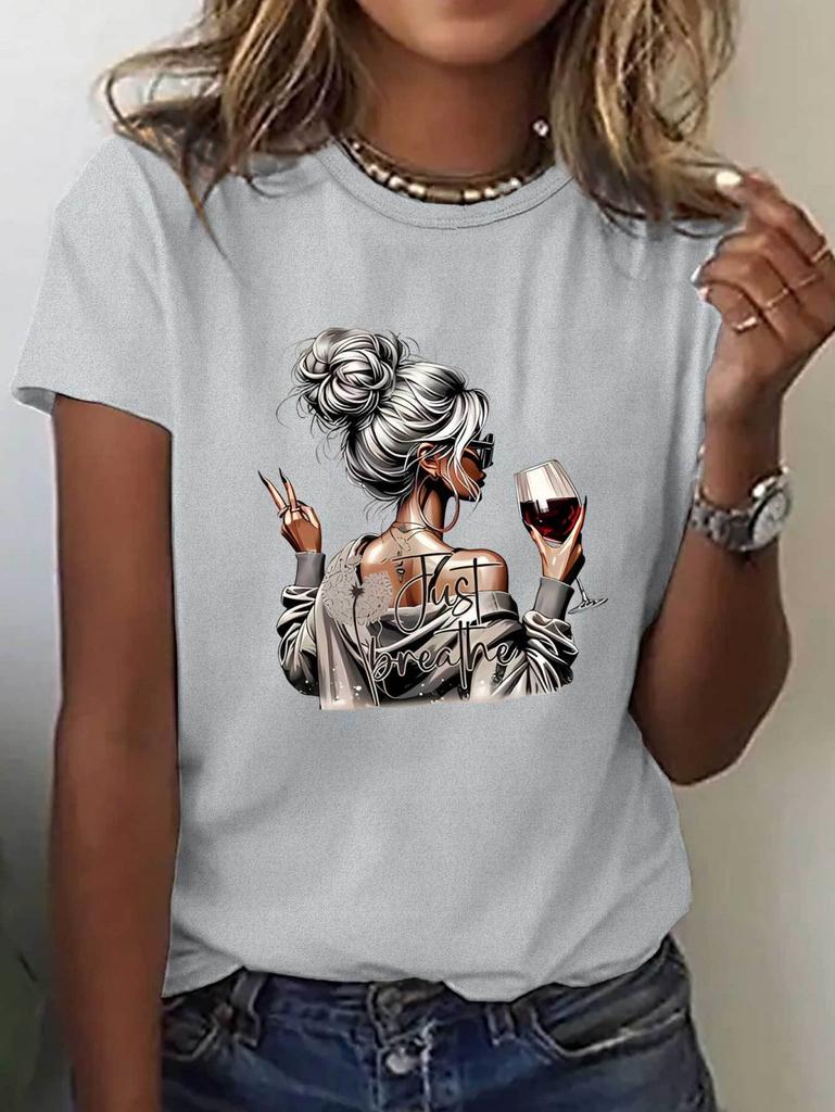 Women's Tops Girls' Wine Glass Graphics Print Summer Short Sleeved T-Shirt Minimalist Solid Color Casual Tees Clothing Female