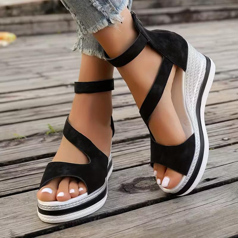Fashionable brown cross-belt thick-soled wedge sandals, comfortable and increased women's shoes