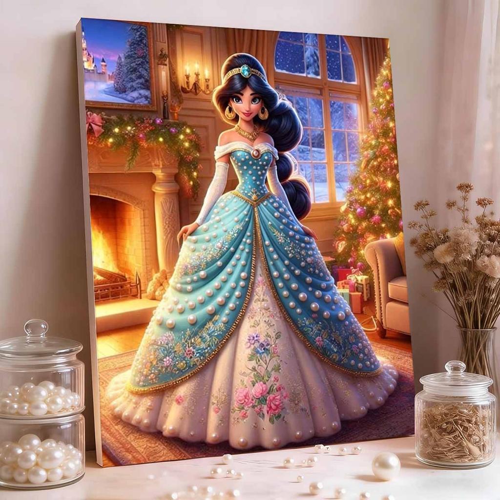 Classic Princess Jasmine Pearl Dress Pearl Art Painting Blue and Green Gradient Pearl Floral Embroidery Elements Pearl Inlay Frameless Craft Painting