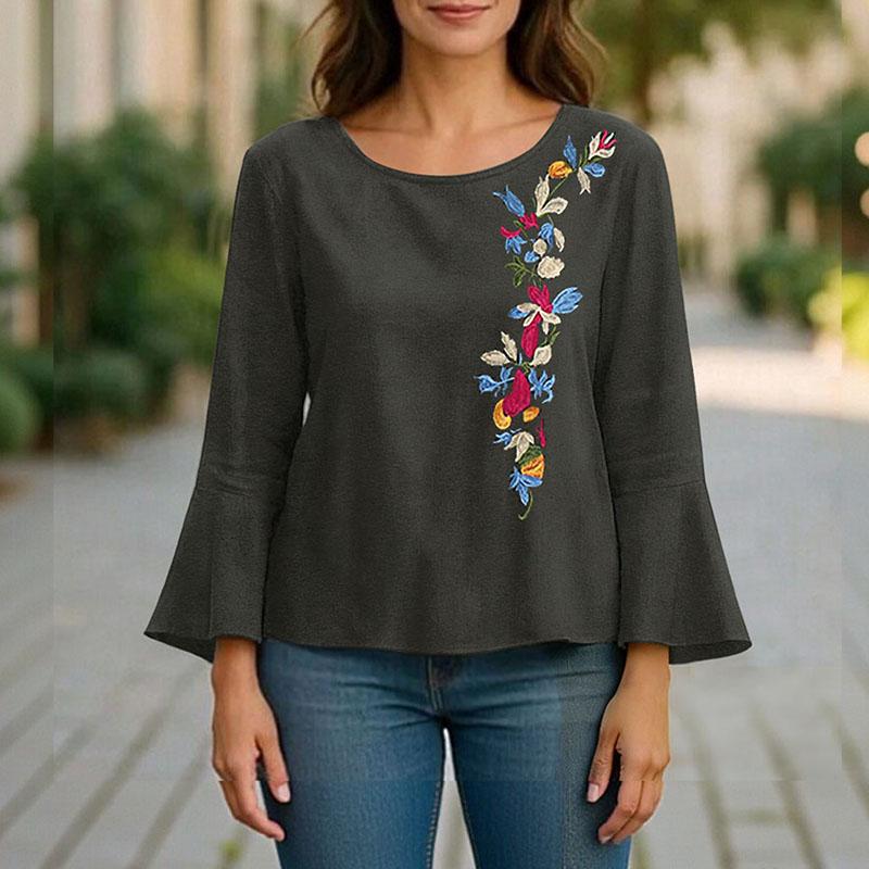 ZANZEA Bluză Casual Brodată cu Mâneci 3/4 Clopot și Gât Rotund pentru Femei