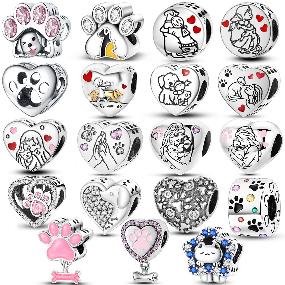 Authentic copper Pink Zircon Hollow Out Heart Engraved Girl with Cat Hug Dog Paws Bead Compatible With Bracelets Jewellery Diy Accessories