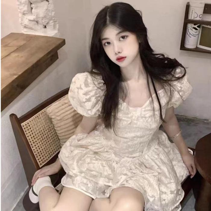 First Love White Moonlight Student Bubble Sleeve Dress Women's Summer New Jacquard Princess Style Short Tutu Dress