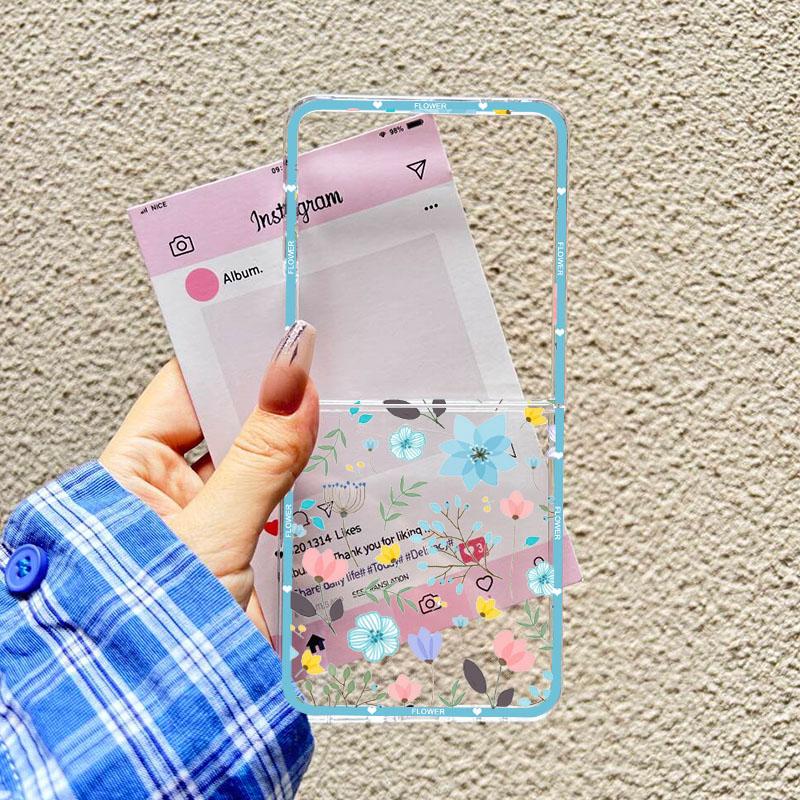 Per Samsung Galaxy Z Flip 7 Custodia INS Corea Foglie Fiore Cover Trasparente per Samsung ZFlip7 Z Flip7 5G Guscio Floreale Blu