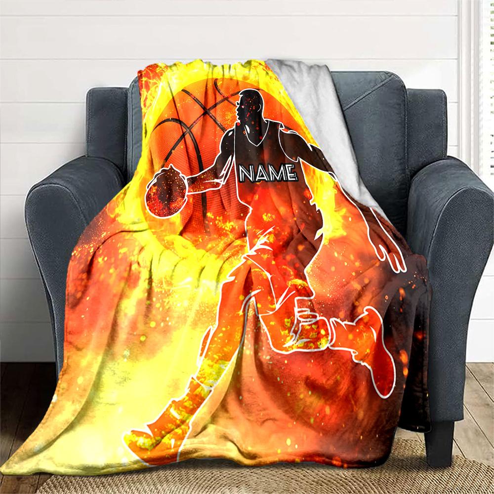 Flaming Basketball Player In Action On Fire Background Multipurpose Customizable Blanket Personalized Text Soft Warm Cozy For Sofa Couch Office Bed