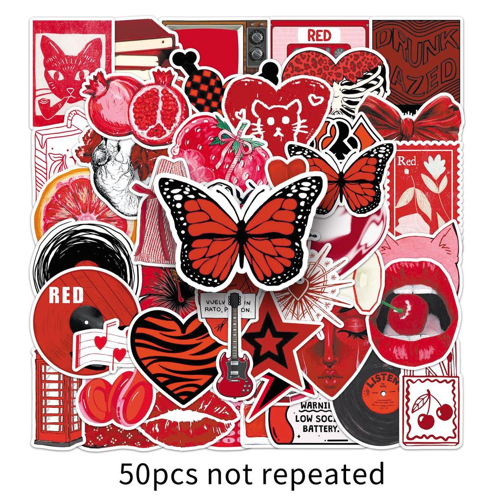 50Pcs Cartoon Y2K Red Graffiti Sticker Trend Ins Style Decorative Stationery Water Cup Notebook Skateboard Kids Gift Sticker
