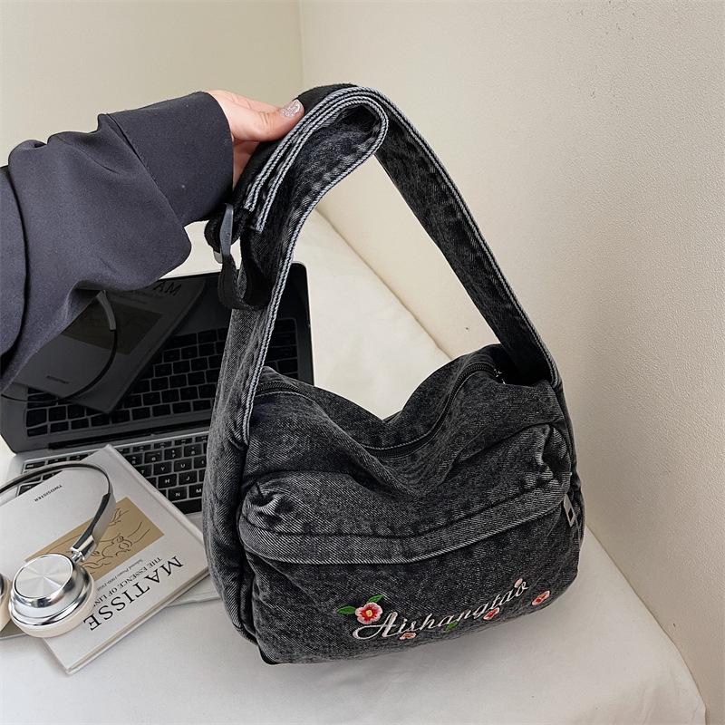 Fall 2025 New Denim Handbag Embroidered Niche Design Fashionable Simple Commuter Crossbody Bag