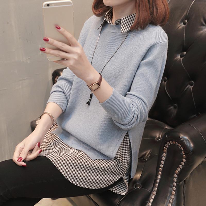 Fake Two-piece Sweater Women's Loose Knitted Patchwork Pullover Shirt Autumn Plaid Lapel Long Sleeve Split Sweaters