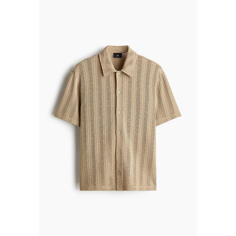 

HM Men s Shirt 2025 Autumn New Arrival Short Sleeve Lapel Jacquard Knitted Straight Hem Tops 1262919 Deep beige 180/116