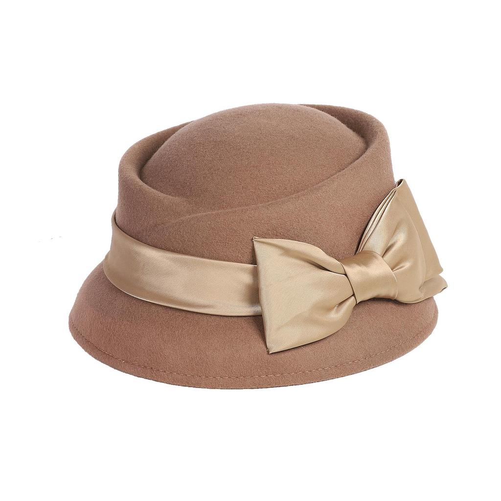 Women’s Vintage Wool Cloche Church Hat with Satin Bow Elegant Bowler Bucket Hat for Tea Party Wedding Garden Formal Events