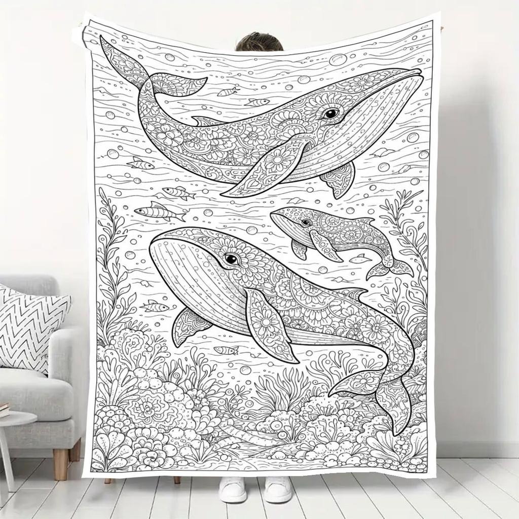 1pc Mandala Whale Flannel Blanket, Ocean Theme Adult Coloring Blanket, Soft and Skin-Friendly for Room, Living Room, Sofa, Creative Stress-Relief Hand