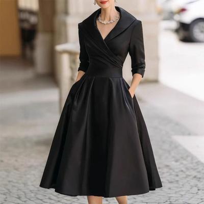 Kadın Yaka V Yaka İş Elbisesi Uzun Kollu A Kesim Salıncak Elbise Resmi İş Ofisi Midi Blazer Elbise