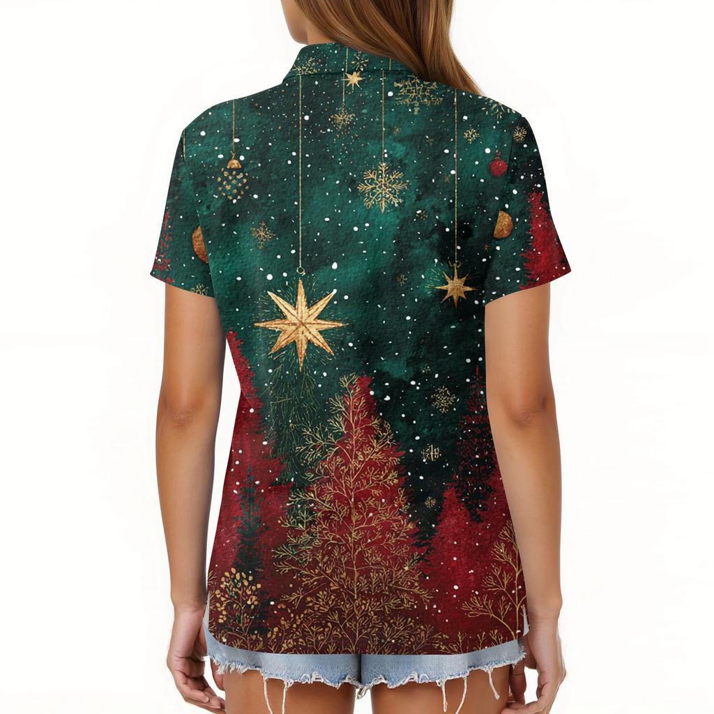 Dame Mote Casual Revers Kortermet Juleprint Skjorte Dame Kneppet Topper