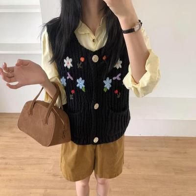 DIMANAF 2025 Sweaters Short Vest Autumn Buttons Women Embroidered Flowers Print O-Neck Sweaters Knitting White Black Sweater