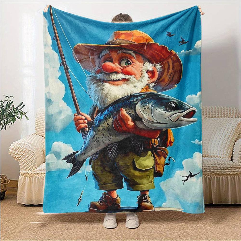 Cartoon Fisher Gnome Big Salmon Print Flannel Blanket Soft Warm Throw Blanket Nature Hobby Sofa Bed Home Decor