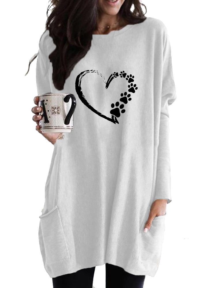 

Женский свитшот Женская длинная туника с карманами Свободный крой Модный принт Топ с длинным рукавом S белый