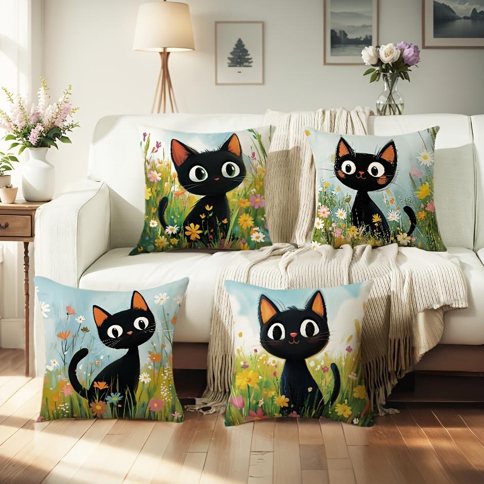 Cute Black Cat - Floral Pillow CoversLiving Room Sofa Cushion Cover, Soft and Comfortable, Bedroom Room Decoration