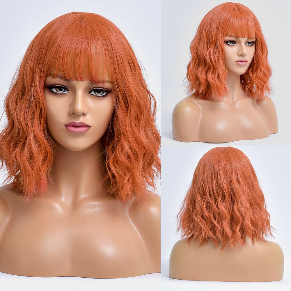 Short Bob Synthetic Wig Ombre Pink Water Wave Hair Wigs For Black Women With Bangs Cosplay Lolita Heat Resistant Natural Hair