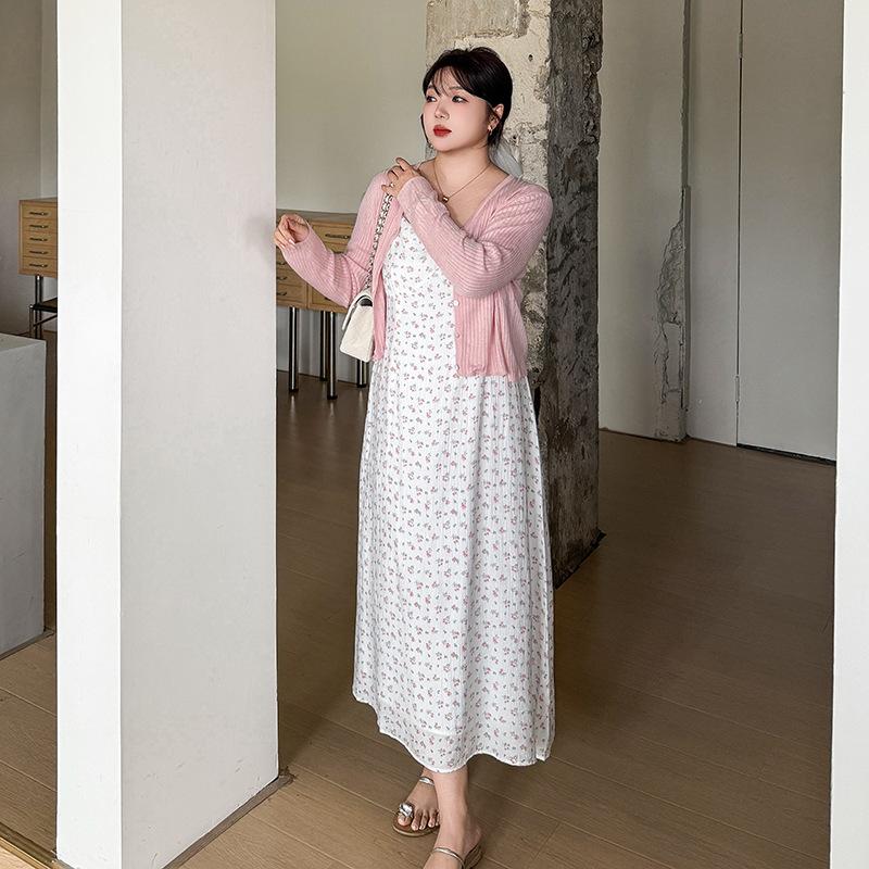 Large size women's clothing sweet small floral suspender skirt summer new waist and meat temperament medium and long skirt 232140