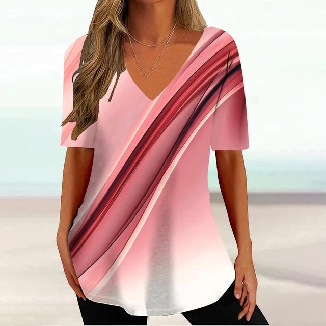 

Gradient Stripes Printed V-neck Short Sleeved T-shirt Versatile Comfortable Fashionable Casual Women s T-shirt 5XL