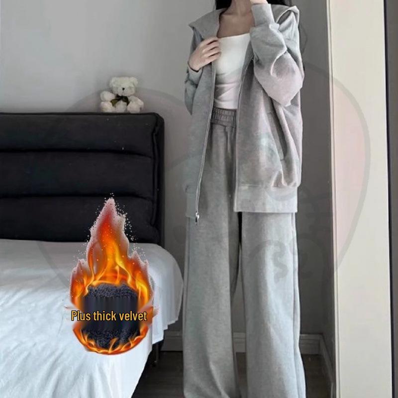 Dámská šedá mikina s kapucí a široké kalhoty - Ležérní podzimní/zimní dvoudílný set s kardiganovou bundou - Trend