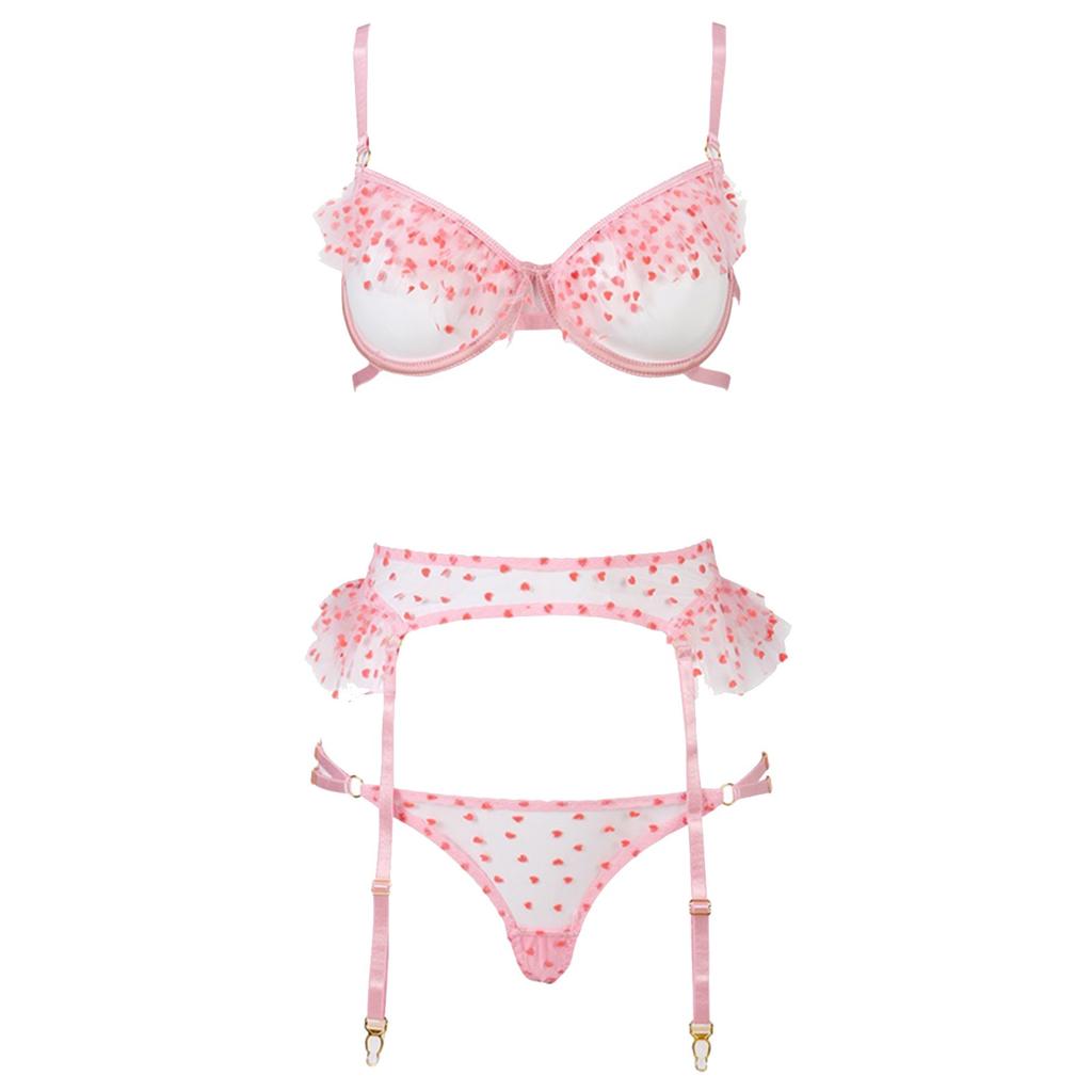 Sexy Lingerie Women Mesh Hollow Out See Through Underwear 3 Piece Set Garters Open Bra Erotic Suit