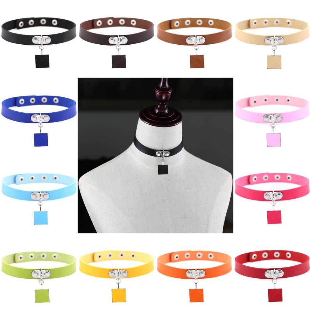 Harajuku Geometric Square Choker, Block Pendant PU Leather Short Clavicle Necklace