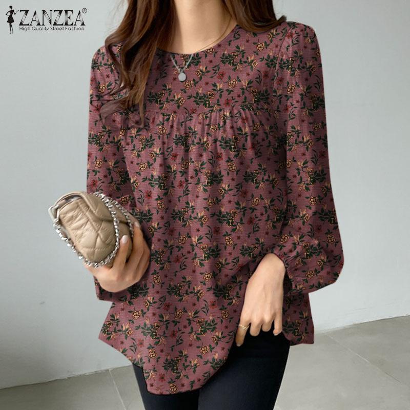 ZANZEA Women Casual Long Sleeve O-neck Loose Floral Blouse Tops