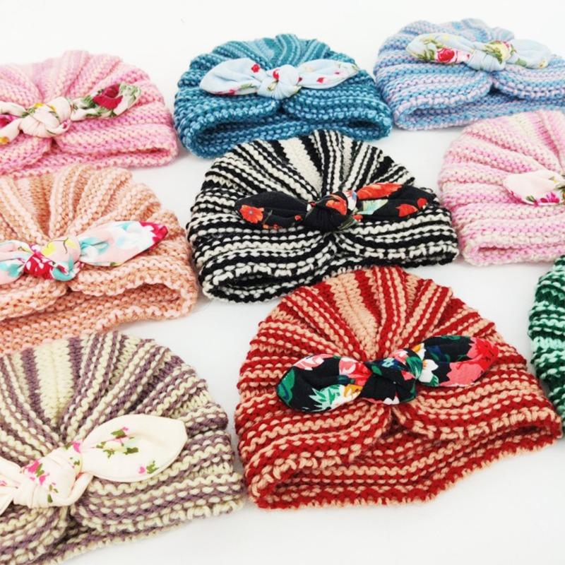 New striped wool hat printed rabbit ears baby children's thermal insulation versatile thermal insulation
