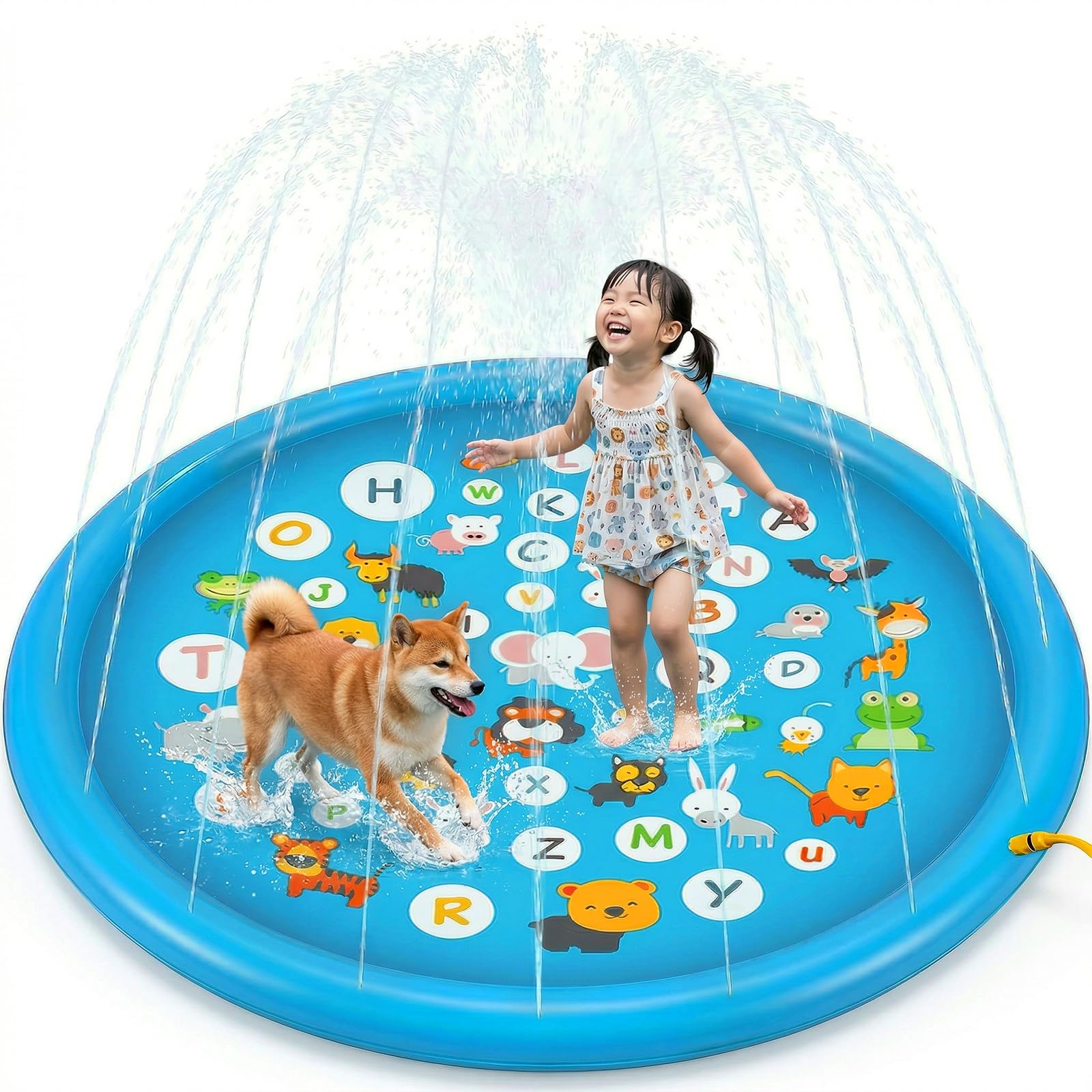 Ninonly Fountain MatPool, 170cm Diameter, for Children and Pets, 3 Fountain Height Settings, No Inflation Required, Cute Play Mat, Water Play, Pool