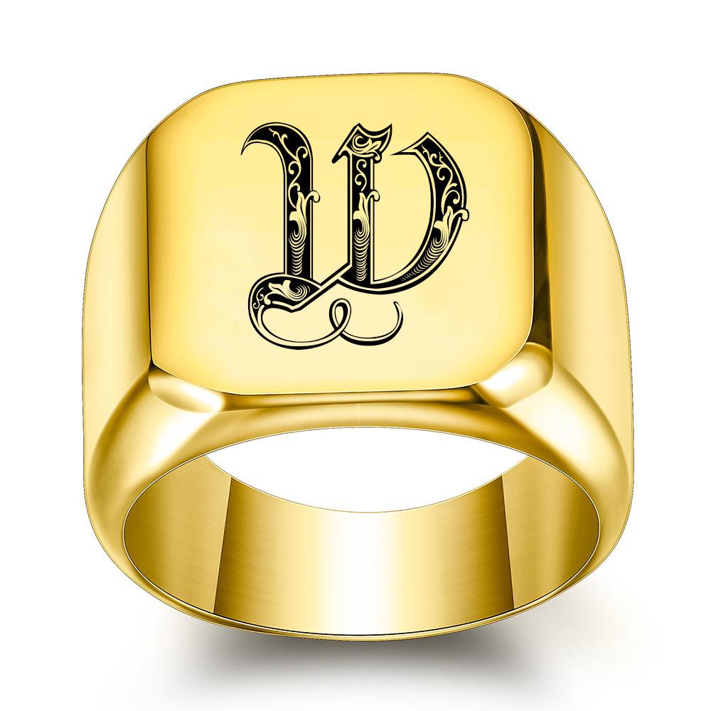 Europe, America 26 personalized English initials titanium steel ring male retro punk square 14MM gold trendy male wholesale