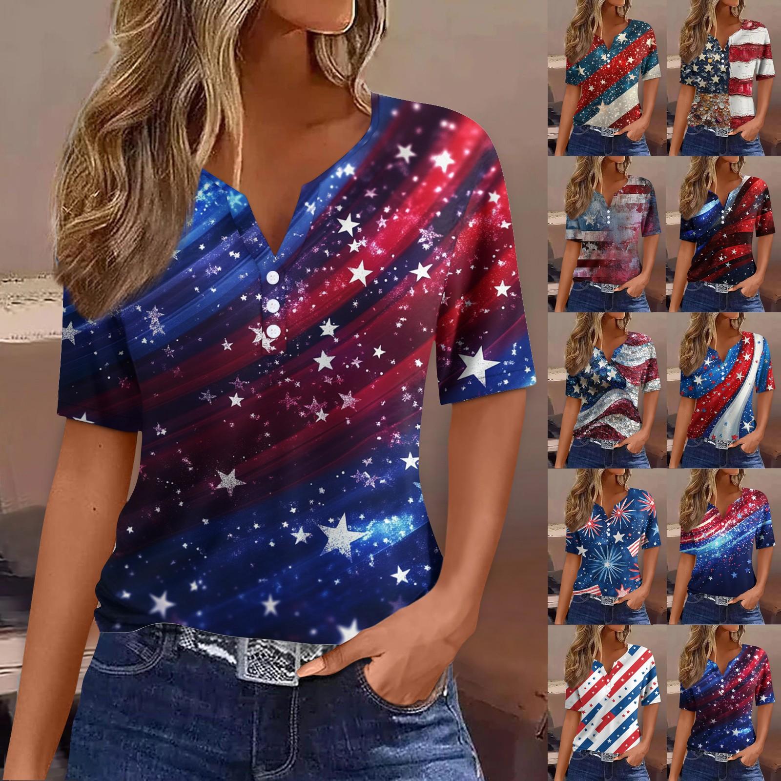 

Women s Fashion Casual Independence Day Print V-neck Short Sleeve Decorated Button T-shirt Top S білий