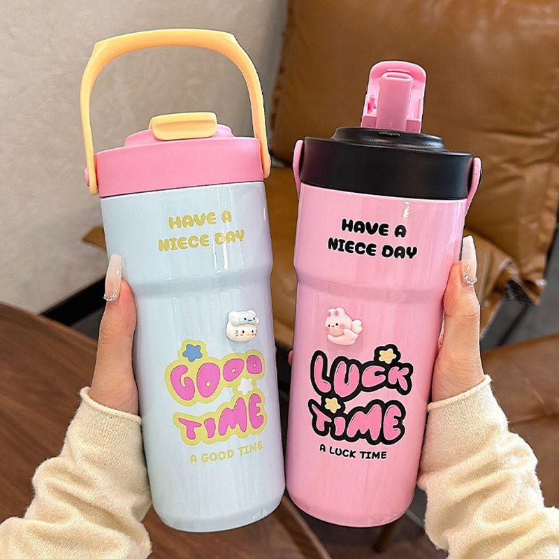 Large Capacity Thermos Cup for Women, New 2024 Model, Stylish Student Straw Cup, Dual-Use Coffee Cup, Portable