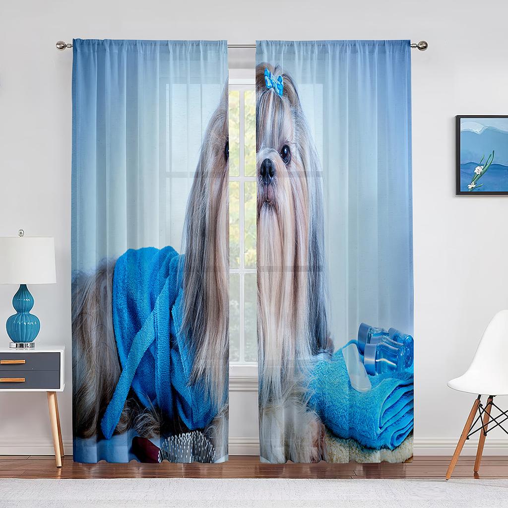Cute Dog Shih Tzu Puppy Pet Sheer Voiles Curtains for Living Room Bedroom Kitchen Tulle Window Curtain Home Balcony Decor Drapes