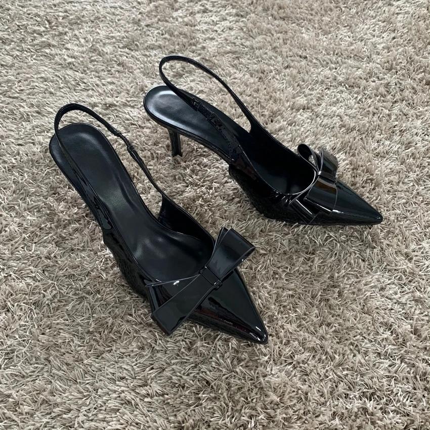 TRAF Women‘s Black Bow Leather High Heels Sexy Pointed Toe Stiletto Female 2024 Summer Fashion Pumps Sexy Slingbacks Sandals