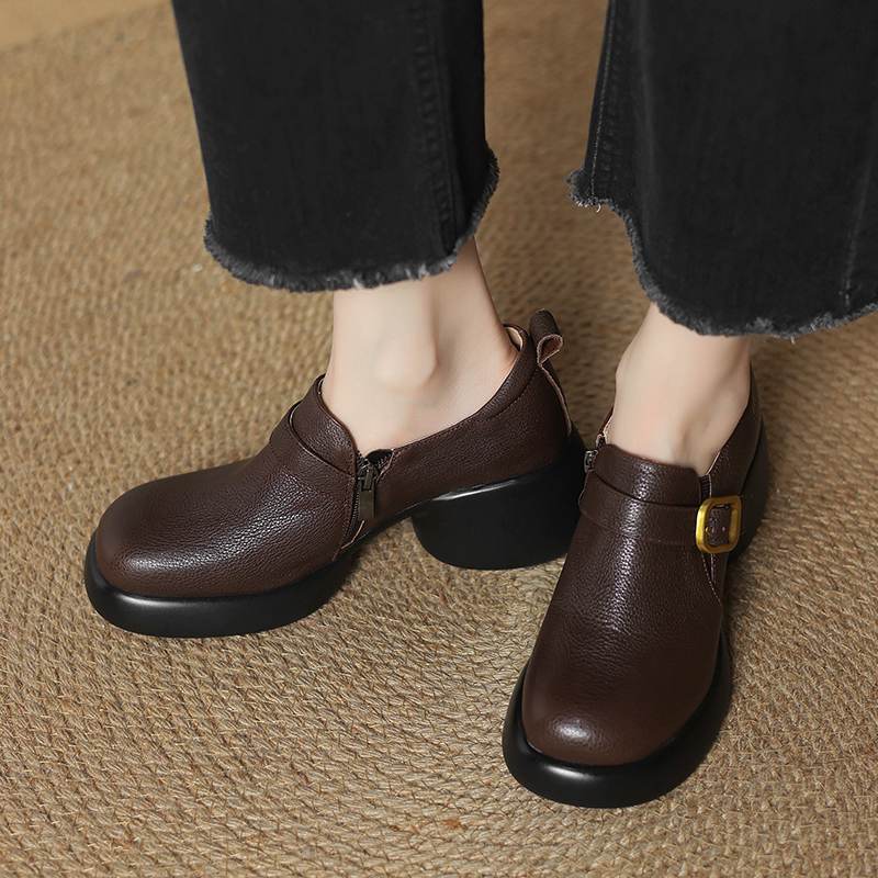Krazing Pot cow skin Autumn Winter Shoes Metal Buckle Loafers chunky Heels Slip on Size 43 Round Toe Slip on Deep Mouth Pumps