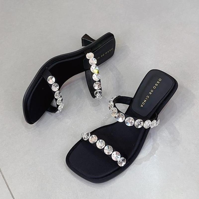 Fashion Hot Selling Female Shoes Ladies' Slippers Glitter Slides Women Heels Rubber Flops Square Heel Fashion 2025 Jelly High Hawaiian