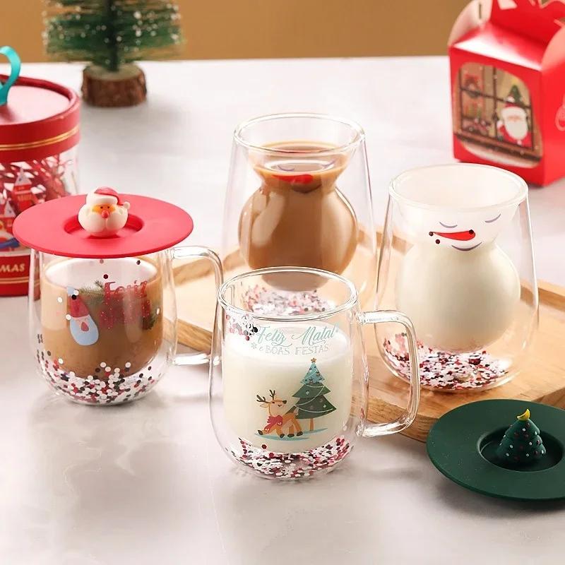 Christmas Double-layer Glass Cup with Silicone Lid Santa Claus Christmas Tree Breakfast Milk Cup Insulated Anti-scald Coffee Cup
