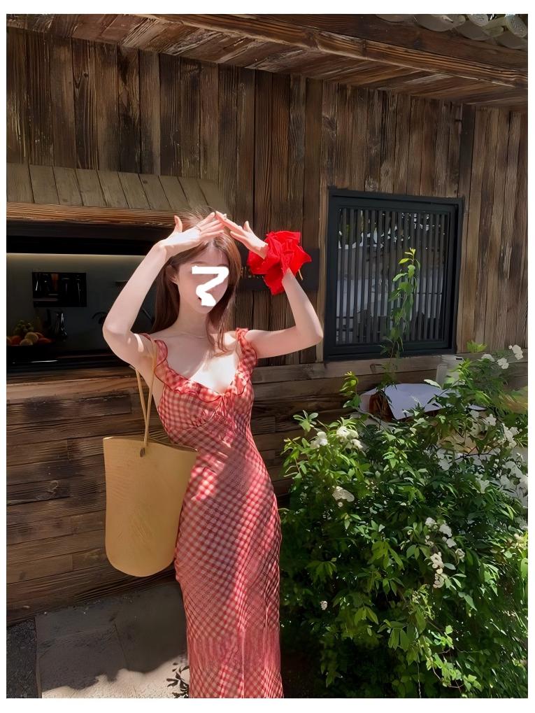 Women's Red Plaid Fishtail Spaghetti Strap Dress - 2025 Spring/Summer French Seaside Vacation Collection