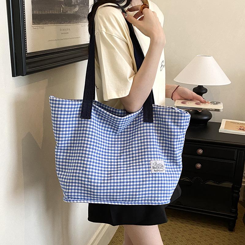 Women's Double-Sided Denim Bag Plaid Shoulder Tote Bag