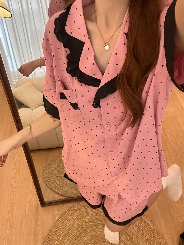 Korean high-end polka dot simple girl pajamas summer black lace short-sleeved shorts two-piece loungewear