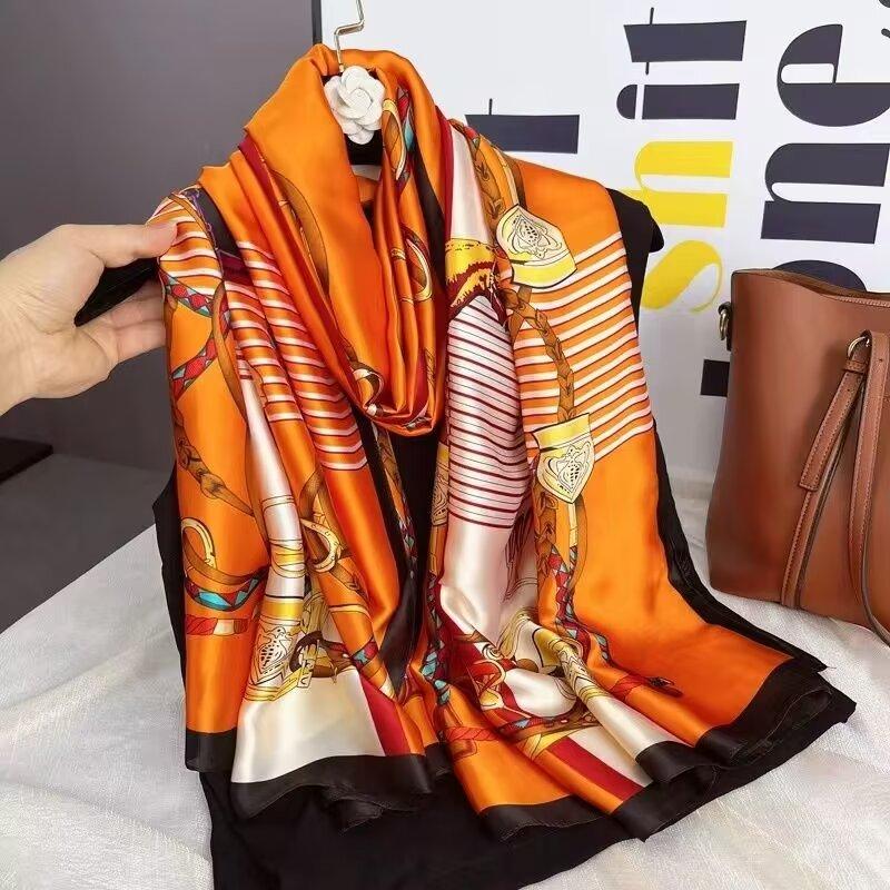 

1 pcs 90x180cm New silk satin scarf, artistic style, retro plant and floral print shawl, elegant and light luxury gift for mom 180x90