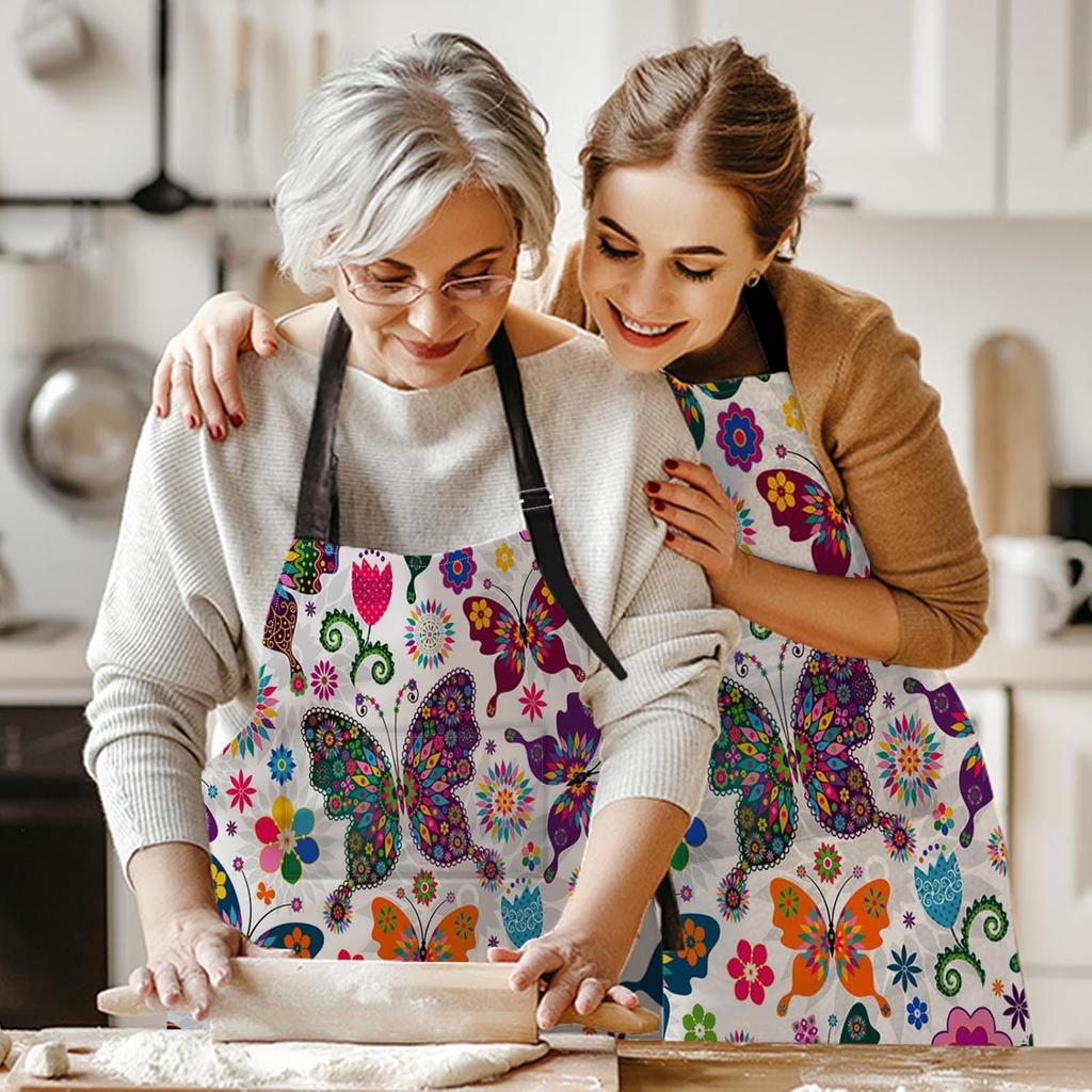 Britimes Butterfly Apron Floral Colorful Butterflies Flowers Aprons Kitchen Cooking Gardening for Women With Pockets
