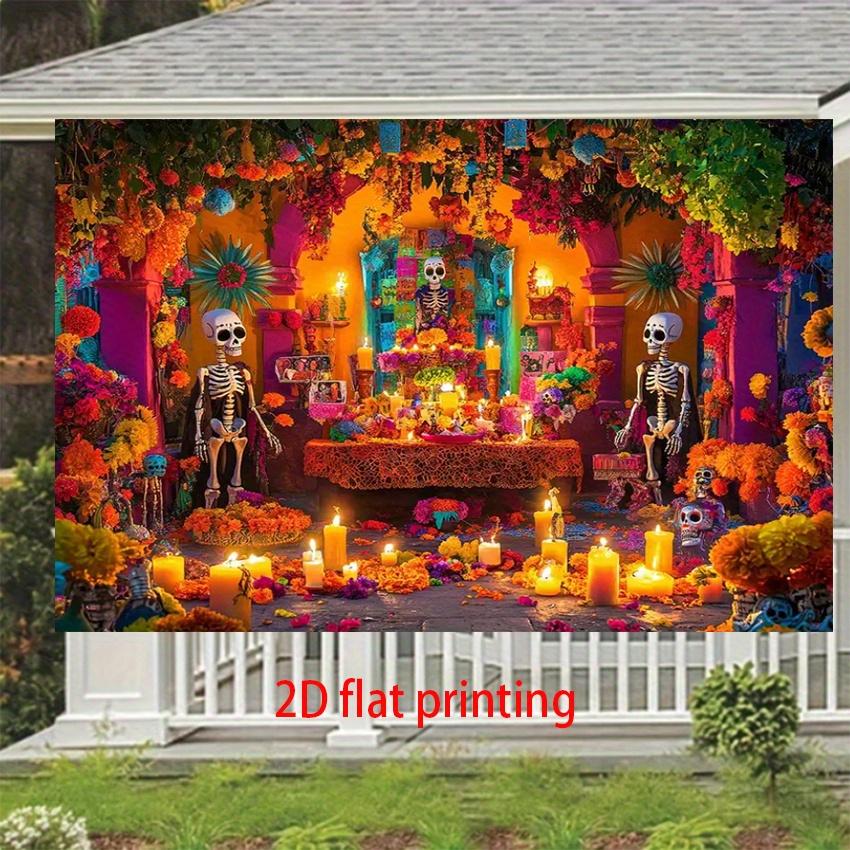 2D Banner 1 Piece Day of the Dead Theme Skeleton and Flower Altar Suitable for Halloween Party Decoration